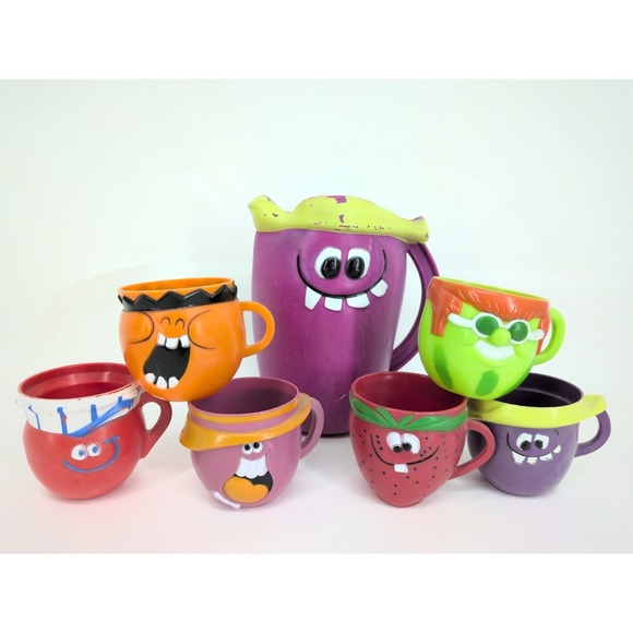 Kool-Aid Other - Vintage Pillsbury Kool-Aid Funny Face Cup Mug Goofy Grape Pitcher & 6 Cups